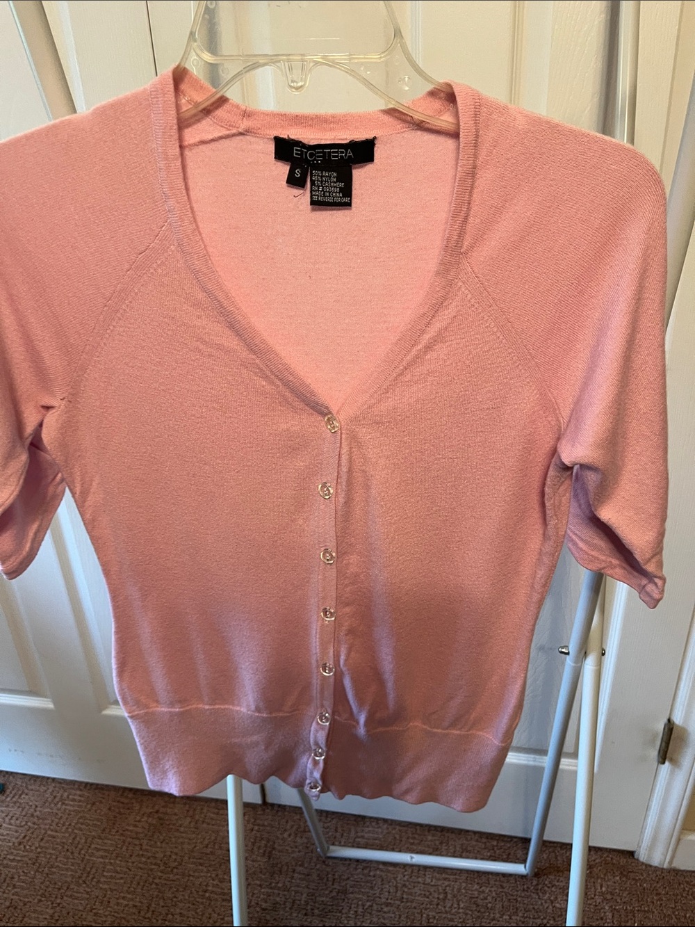 Etcetera Blush Pink Short-Sleeve Button Cardigan PTP 18” lots of stretch L23”